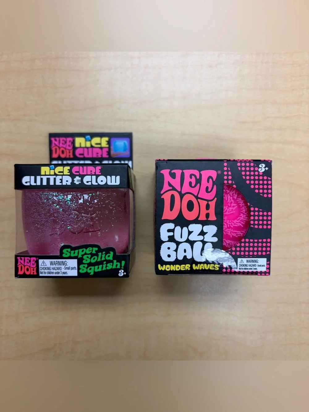 Lot of 2: Pink Needoh Fuzz Ball Wonder Wave/Nice Cube Glitter & Glow Fidget New
